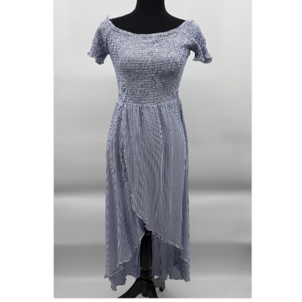 Naif Dress Women Medium Blue White Striped Cottage Prairie Smocked Boho Hi-Low